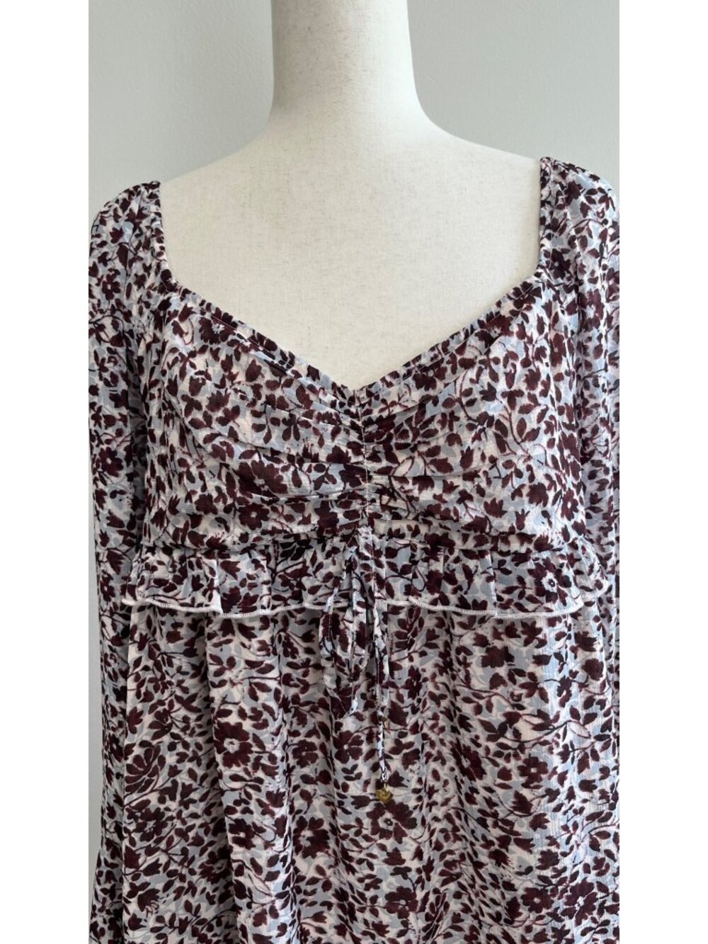 American Eagle Outfitters Babydoll Dress Womens L Brown  Print Chiffon Ruched - Picture 2 of 8